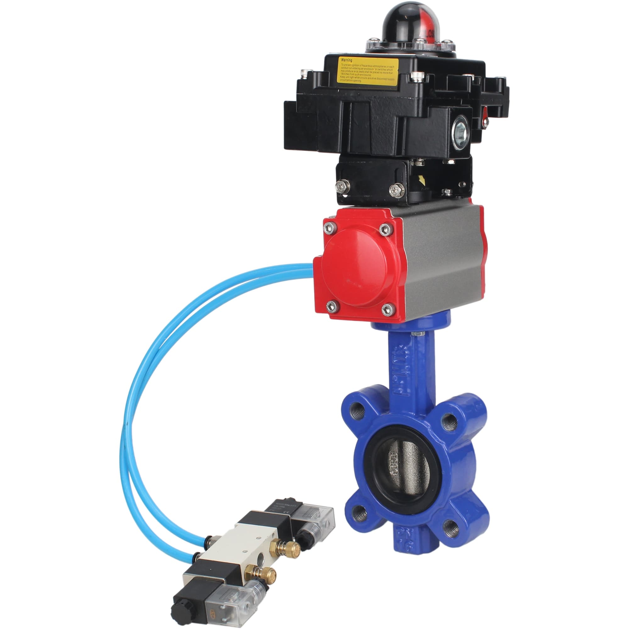Затвор дисковый поворотный QT450-304-EPDM-2W-Fb-H Ду65 Ру16 корпус чугун QT450, диск нержавеющая сталь 304, уплотнение EPDM, с пневмоприводом DA-065, пневмораспределителем PND1-S2EM-52-2-T10-220VAC и БКВ LSB-410-02ExM12-250