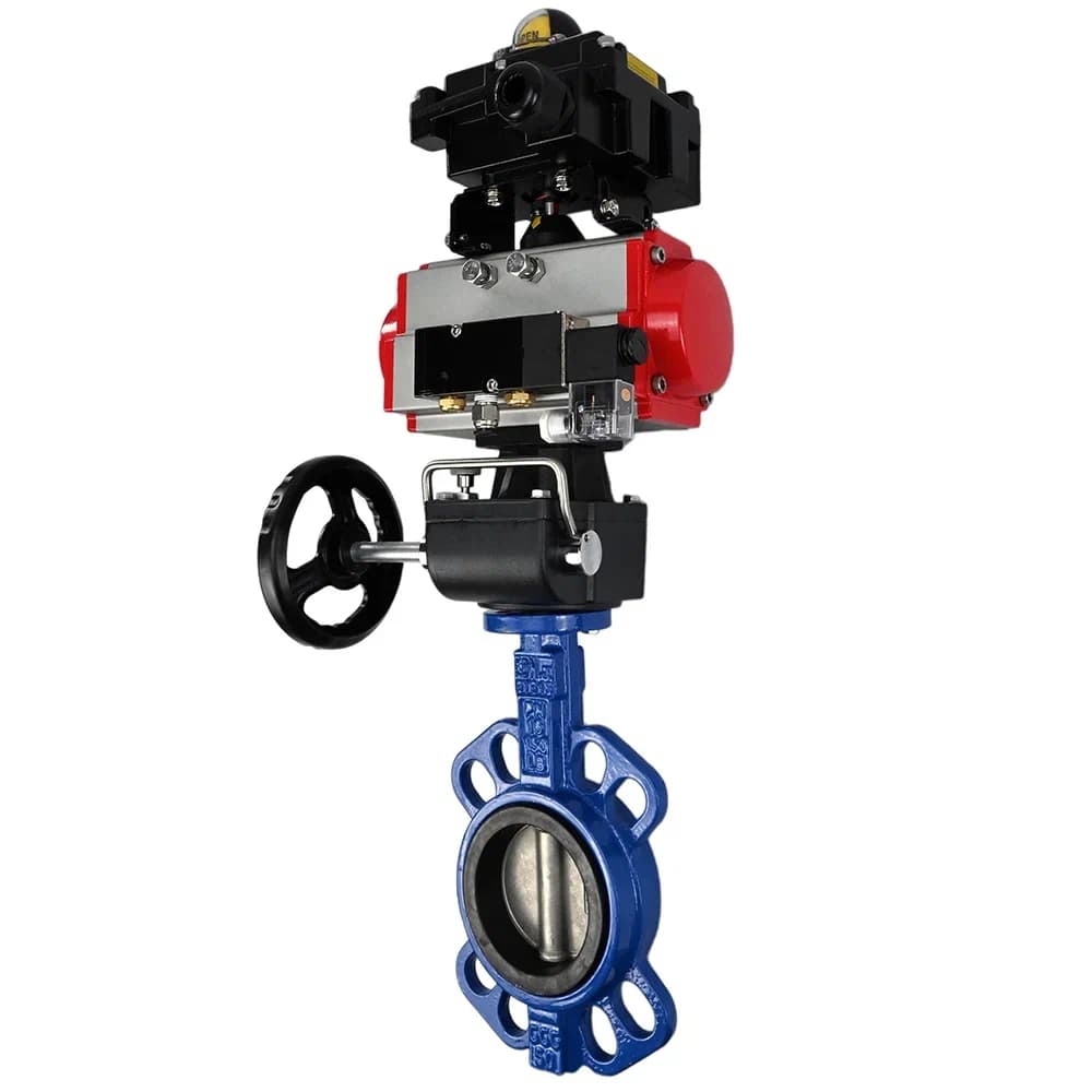 Затвор дисковый поворотный 316L-316L-VITON Ду150 Ру16, корпус и диск нержавеющая сталь 316L, уплотнение Viton, пневмопривод DA-105, пневмораспределитель PND2-S1EM-52-1NC-J08-220VAC, с БКВ LSB-510-02ExM12-250, с ручным дублером HDM-3
