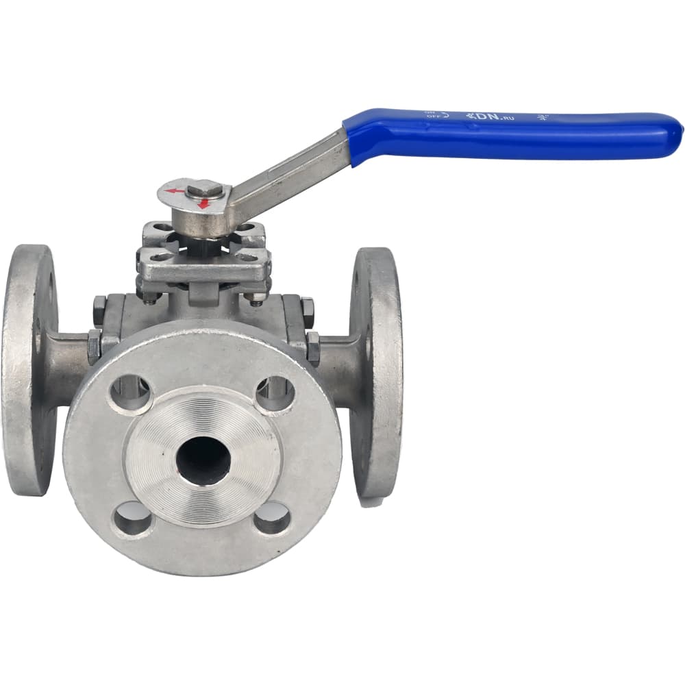 Кран шаровой 316-316-PTFE Ду20 Ру16 полнопроходной, трехходовой T тип, фланцевый, корпус нержавеющая сталь SS316, ISO-фланец F04/F05 квадрат 11х11, с рукояткой