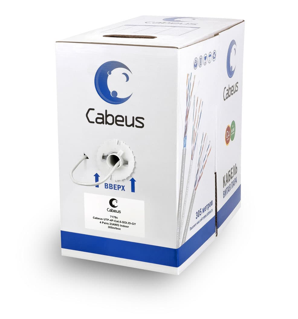 Витая пара U/UTP Cat 6 4 пары 23 AWG solid PVC нг(А)-LS серый 305м