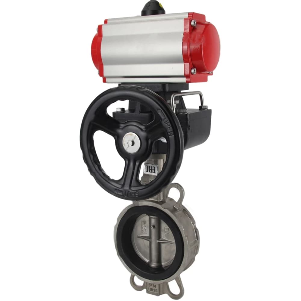 Затвор дисковый поворотный 316L-316L-VITON Ду250 Ру16, корпус и диск нержавеющая сталь 316L, уплотнение Viton, с пневмоприводом DA-140 двойного действия, с ручным дублером HDM-4