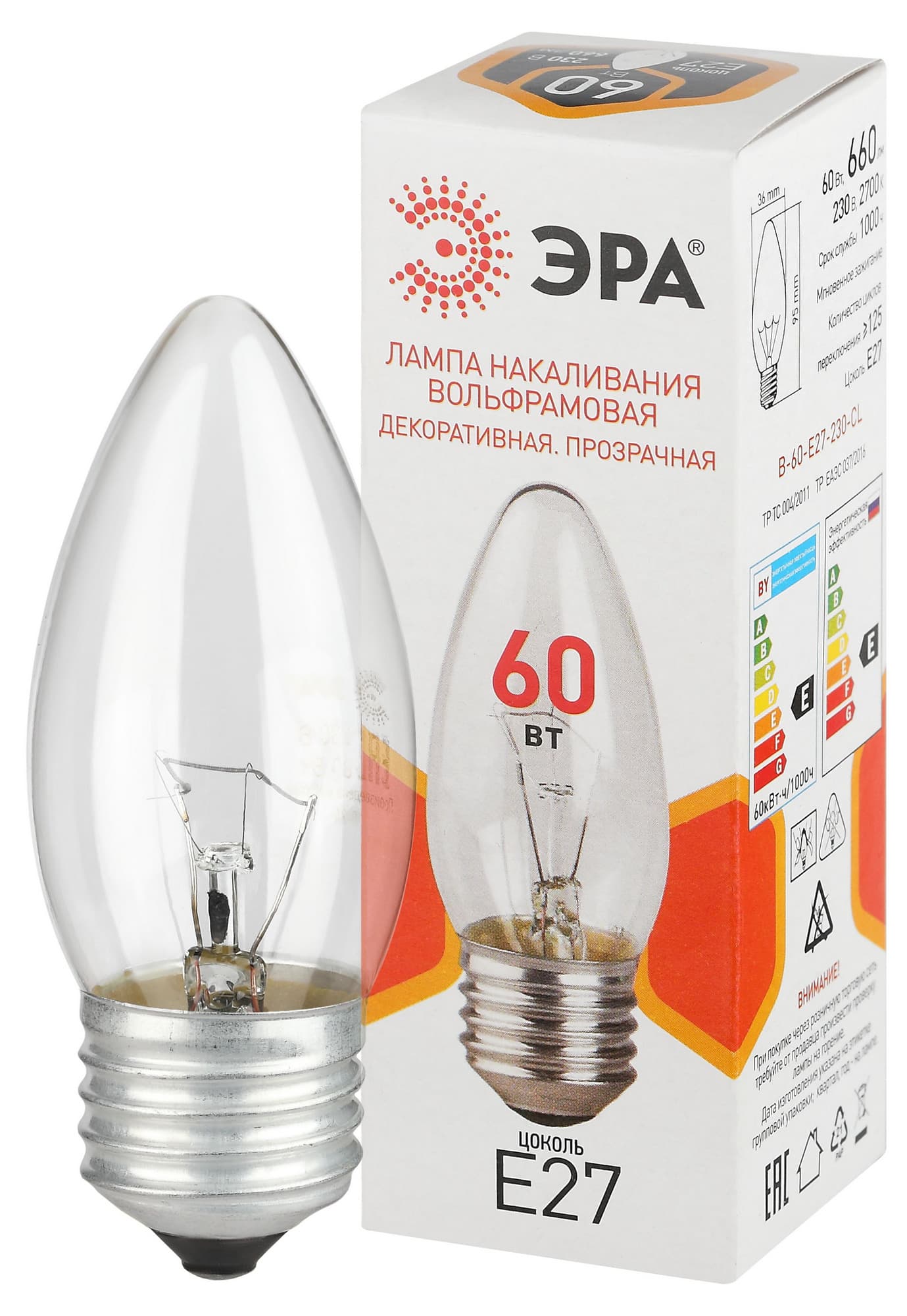 Лампа накаливания B-60-E27-230-CL 60Вт 230В свеча прозрачная цветная коробка Е27