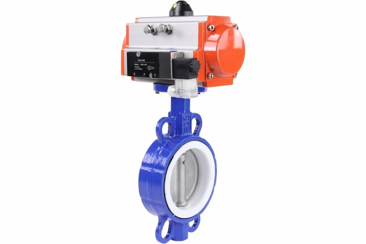 Затвор дисковый поворотный WCB-316L-PTFE Ду80 Ру16, корпус углеродистая сталь WCB, диск нержавеющая сталь 316L, уплотнение PTFE, с пневмоприводом SA-105 с возвратными пружинами, с пневмораспределителем PND1-S2EM-52-2-T08-220VAC