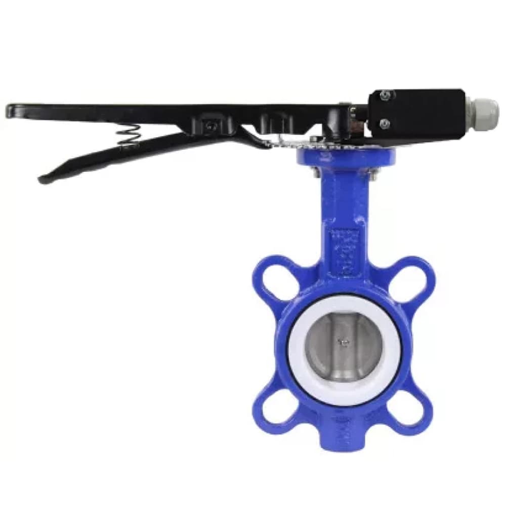 Затвор дисковый поворотный WCB-316L-PTFE Ду65 Ру16 корпус углеродистая сталь WCB, диск нержавеющая сталь 316L, уплотнение PTFE, с рукояткой, с двумя концевыми датчиками LS-103-41NM2-250 и кронштейном для крепления концевых выключателей