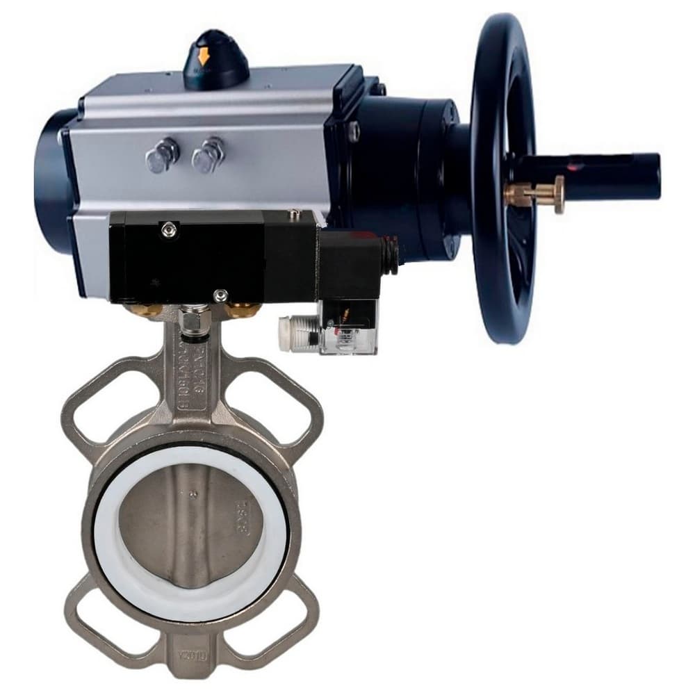 Затвор дисковый поворотный WCB-316L-PTFE Ду100 Ру16, корпус углеродистая сталь WCB, диск нержавеющая сталь 316L, уплотнение PTFE, с пневмоприводом DA-105-1 двойного действия и пневмораспределителем PND2-S1EM-52-1NC-J08-24VDC