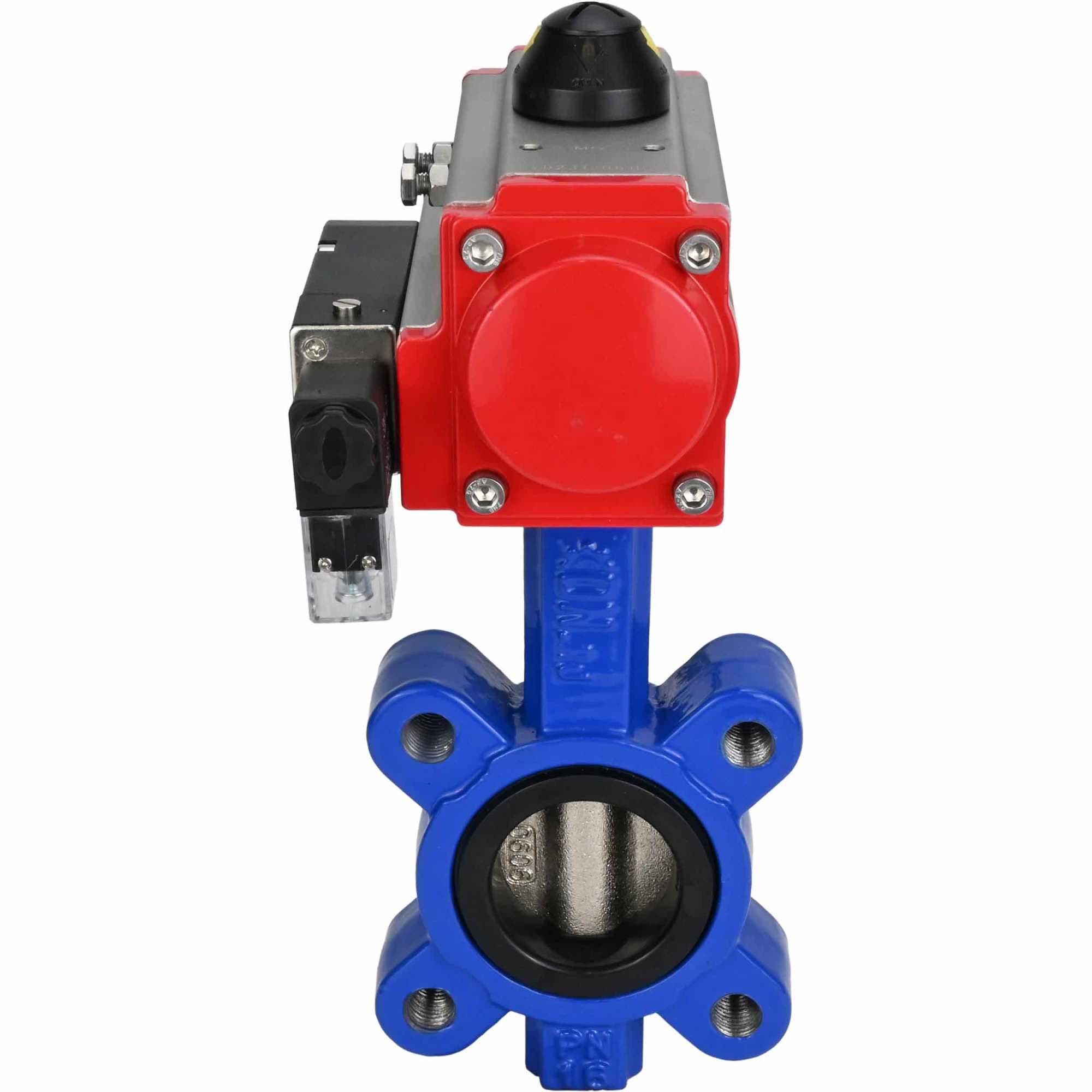 Затвор дисковый поворотный QT450-QT450-NBR-2W-Fb-H Ду125 Ру16 корпус чугун QT450, диск чугун QT450, уплотнение NBR, с пневмоприводом DA-105 и пневмораспределителем PND2-S1EM-52-1NC-J08-24VDC