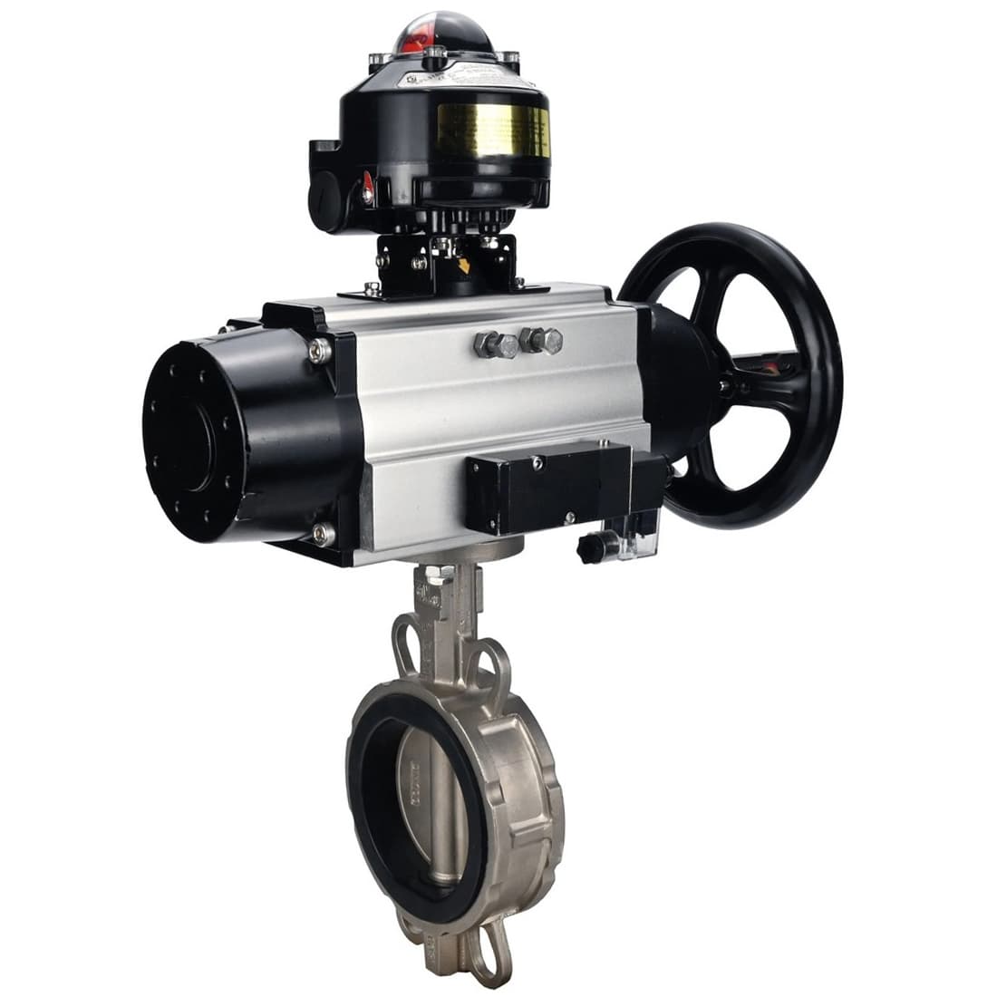 Затвор дисковый поворотный 304-304-VITON-2W-Fb-H Ду150 Ру16 межфланцевый, корпус нержав.сталь 304, диск нержав.сталь 304, VITON, с пн.приводом DA-105, пн.распределителем PND2-S1EM-52-1NC-J08-220VAC NAMUR и БКВ LSB-510-02ExM12-250