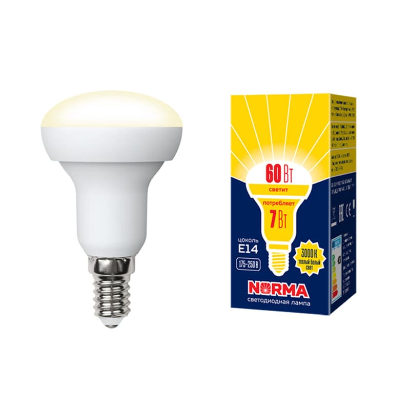 Лампа светодиодная LED-R50-7W/WW/E14/FR/NR форма Рефлектор, матовая, Norma, теплый (3000K)