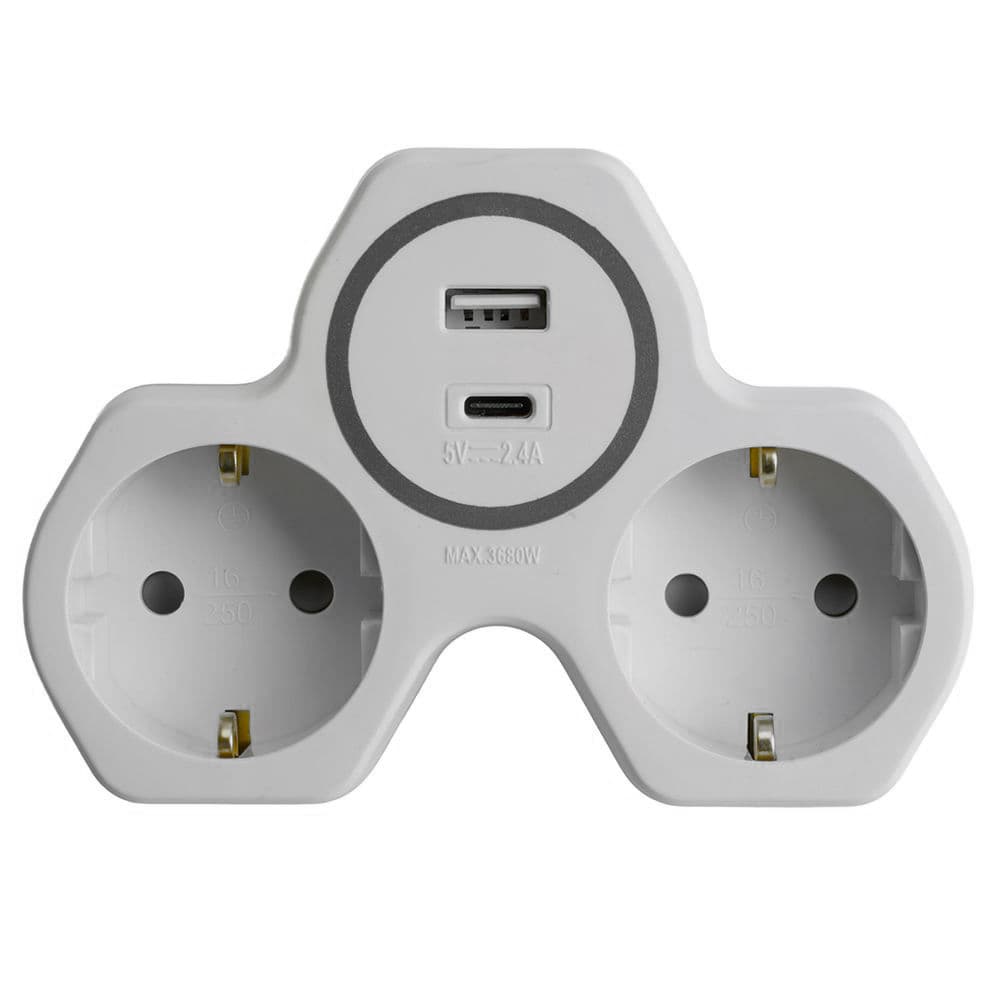Разветвитель сетевой со шторками 2-местный USB+Type C на 2.4 А с/з 250 В 16 A белый/серый