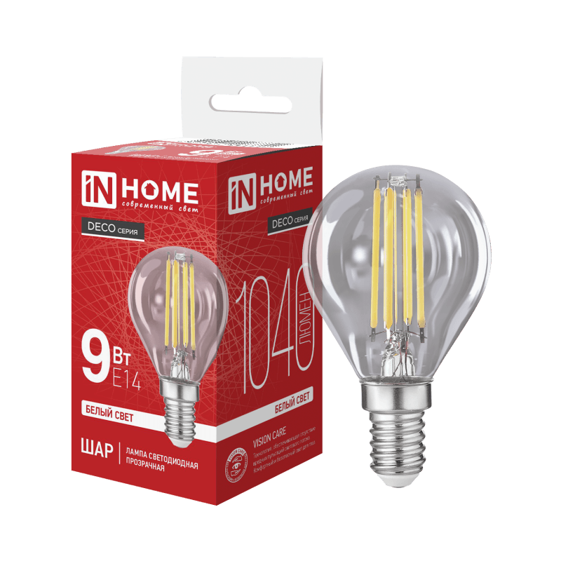 Лампа светодиодная LED-ШАР-deco 9Вт 230В Е14 4000К 1040Лм прозрачная IN HOME