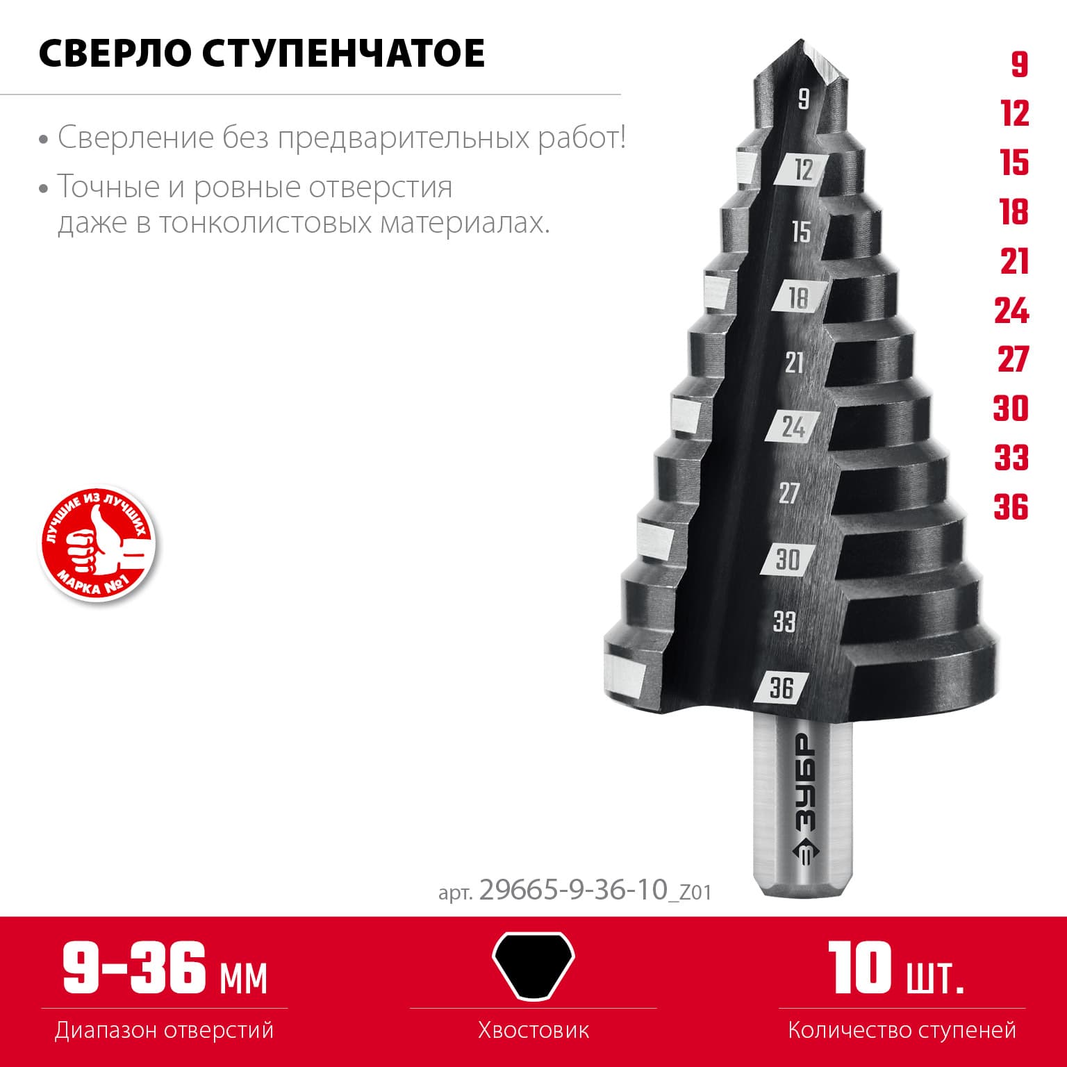Сверло ступенчатое, 9-36 мм, 15 ступеней