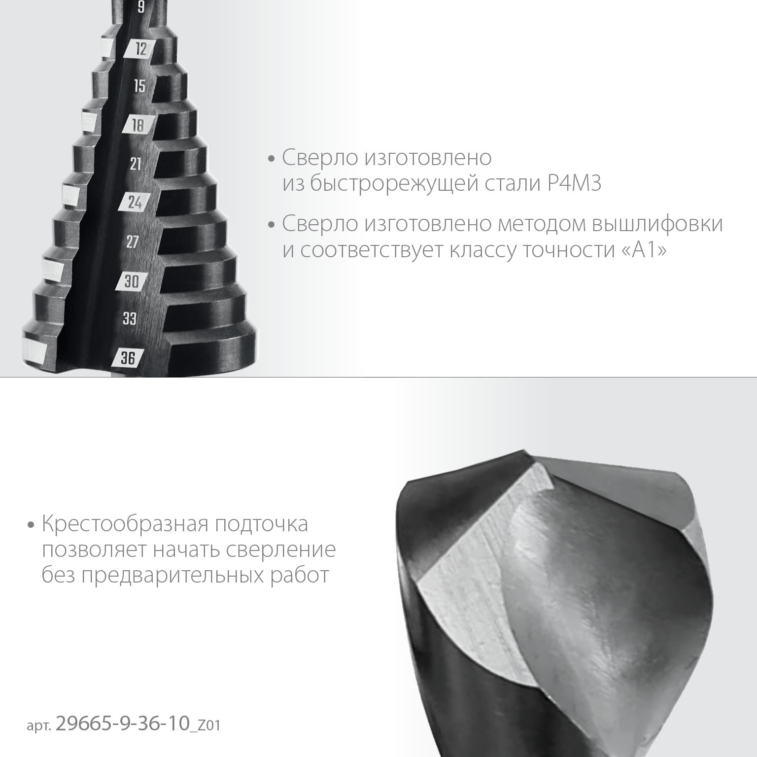 Сверло ступенчатое, 9-36 мм, 15 ступеней