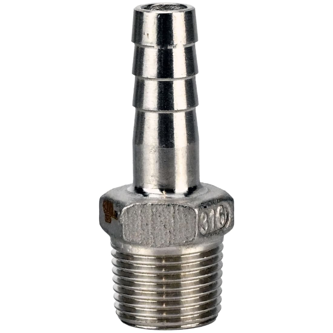 Штуцер елочка ШЕ316-T-3/8-12 3/8''х12мм Ду10 Ру16 шланговый, корпус нержавеющая сталь AISI 316 (CF8M), присоединение наружная резьба/штуцер