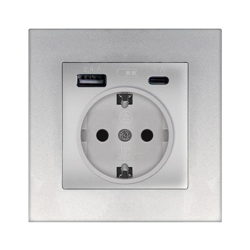 Розетка скрытой установки, с заземлением, c USB Type-A 2,4А+ Type-C 4A серия Афина , 220В, механизм, серебро
