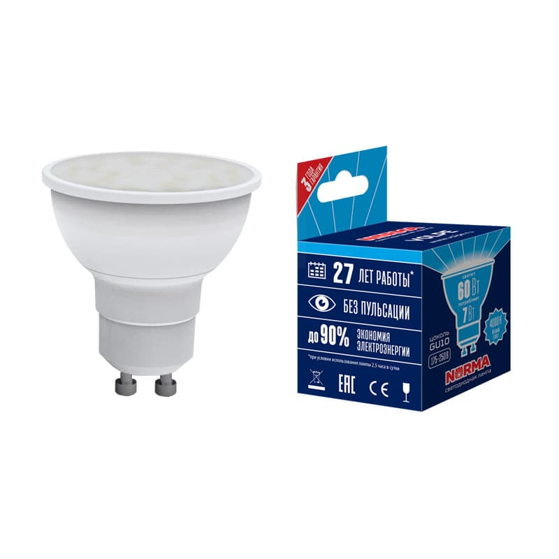 Лампа светодиодная LED-JCDR-7W/NW/GU10/NR форма JCDR, матовая, Norma, (4000K)