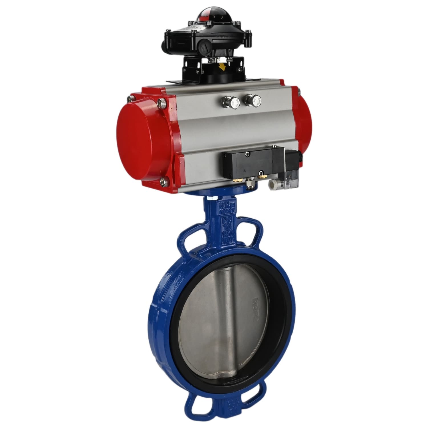 Затвор дисковый поворотный GGG50-GGG40-EPDM Ду100 Ру16, корпус чугун GGG50, диск чугун GGG40, уплотнение EPDM, с пневмоприводом DA-083, пневмораспределителем PND2-S1EM-52-1NC-J08-220VAC, с БКВ LSB-210-02NM12-220/24