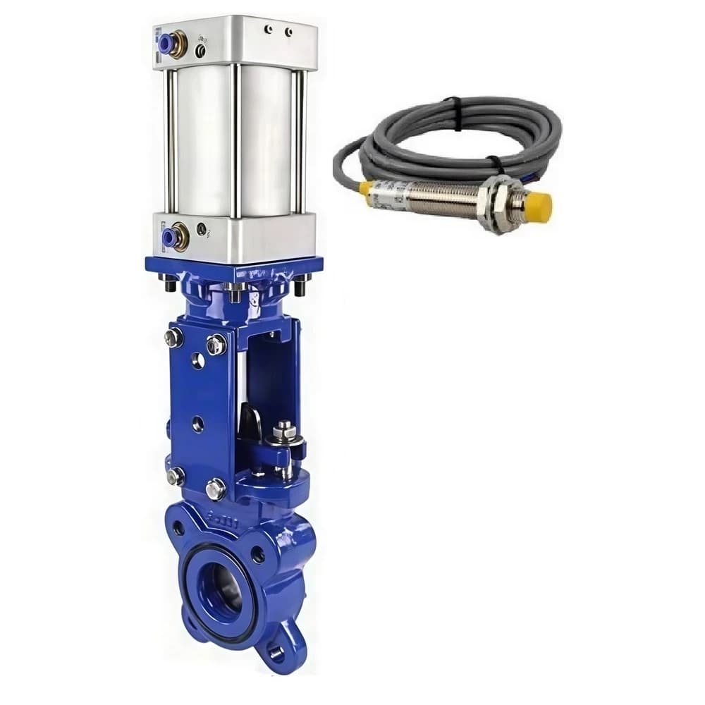 Задвижка шиберная GGG40-304-EPDM-2W-Fb-2P Ду80 Ру16 двусторонняя, межфланцевая, шпиндель выдвижной, корпус чугун GGG40, шибер нержав.сталь 304, EPDM, WENZ, с пневмоприводом и индукционными датчиками LS-12A3-00NI0-220VAC