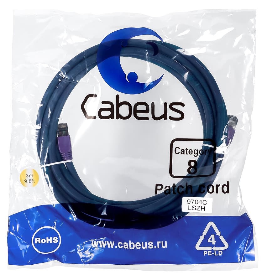 Патч-корд S/FTP, категория 8 (40G, 2000 MHz), 2xRJ45/8p8c, экранированный, синий, LSZH, 3 м