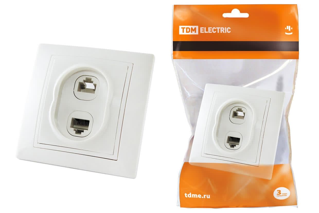 Розетка телефонная RJ11 + компьютерная RJ45 белая Таймыр TDM