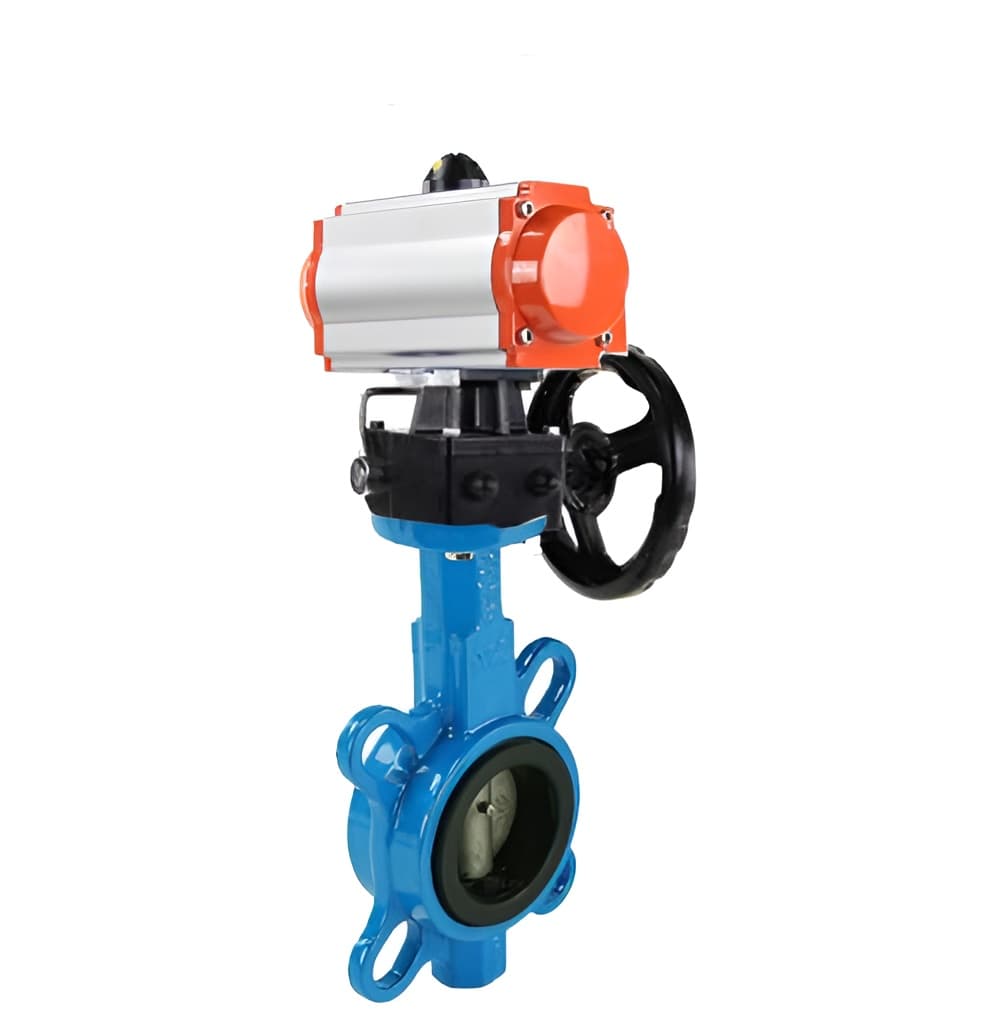 Затвор дисковый поворотный GGG50-316L-EPDM Ду150 Ру16, корпус чугун GGG50, диск нержавеющая сталь 316L, уплотнение EPDM, с пневмоприводом DA-105 двойного действия, с ручным дублером HDM-3