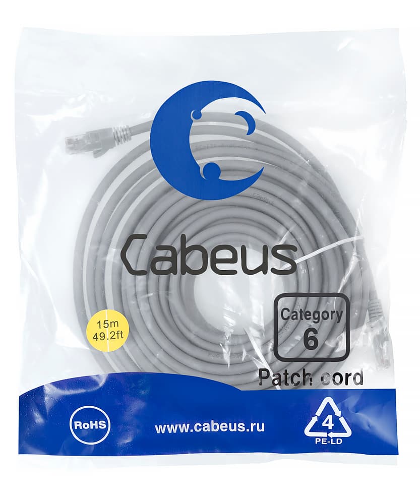 Патч-корд U/UTP, категория 6, 2xRJ45/8p8c, неэкранированный, серый, LSZH, 15м