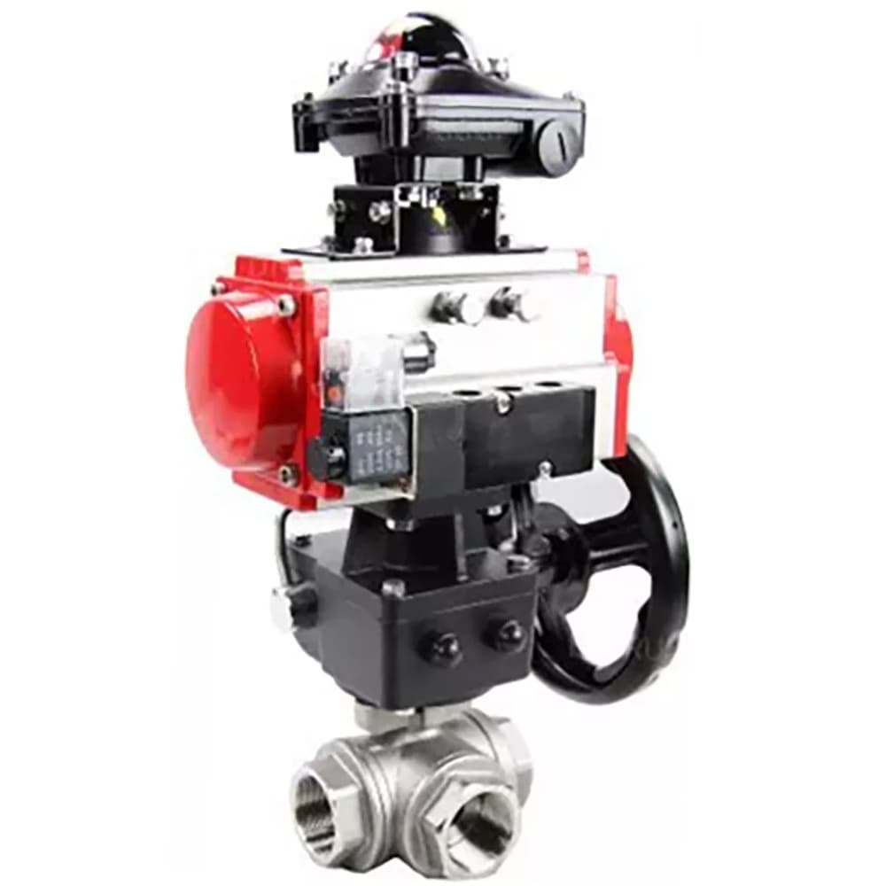 Кран шаровой RP.SS316.200.MM 1/2'' Ду15 Ру63 стандартнопроходной трехходовой L-тип, нержавеющая сталь SS316, внутренняя резьба, PTFE, пневмопривод DA-052 пневмораспределитель PND2-S1EM-52-1NC-J08-220VAC, редуктор HDM-1, БКВ LSB-510-02ExM12-250