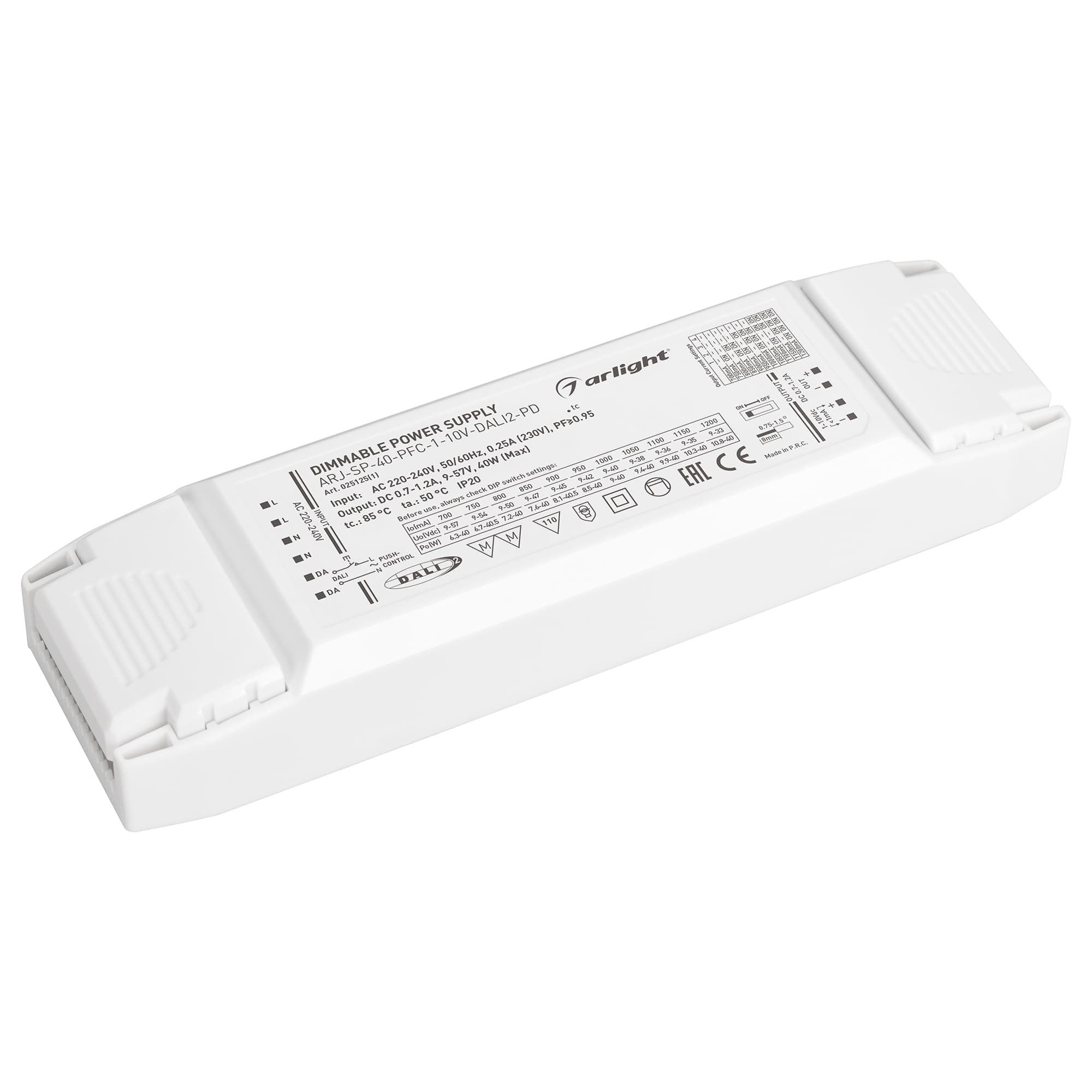 Блок питания ARJ-SP-40-PFC-1-10V-DALI2-PD (40W, 700-1200mA) (IP20 Пластик, 5 лет)