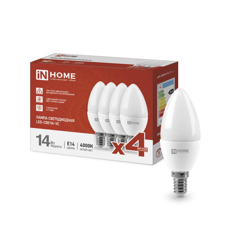 Лампа светодиодная LED-СВЕЧА-VC 4PACK 14Вт 230В Е14 4000К 1330Лм (4шт./упак) IN HOME