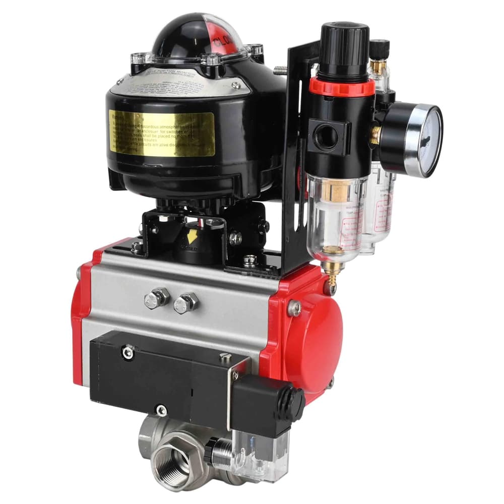 Кран шаровой RP.SS316.200.MM 3/8'' Ду10 Ру63 стандартнопроходной трехходовой L-тип, нержавеющая сталь SS316, внутренняя резьба, PTFE, пневмопривод DA-052 пневмораспределитель PND2-S1EM-52-1NC-J08-24VDC БПВ APU1-10-40-V08 БКВ LSB-510-02ExM12-250