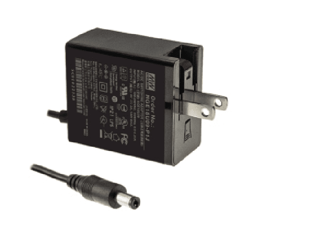 AC-DC адаптер настен., медицин., пром. 18Вт, вход 80...264B AC 47...63 Гц, 113...370B DC, выход 18B/1A, 48x28x55мм, -30...+70°С, сертиф.2xMOPP/ CCC /BSMI/ PSE, оснащен Американской откидной вилкой АС, выходной разъем 11, диам. 5.5х2.1мм
