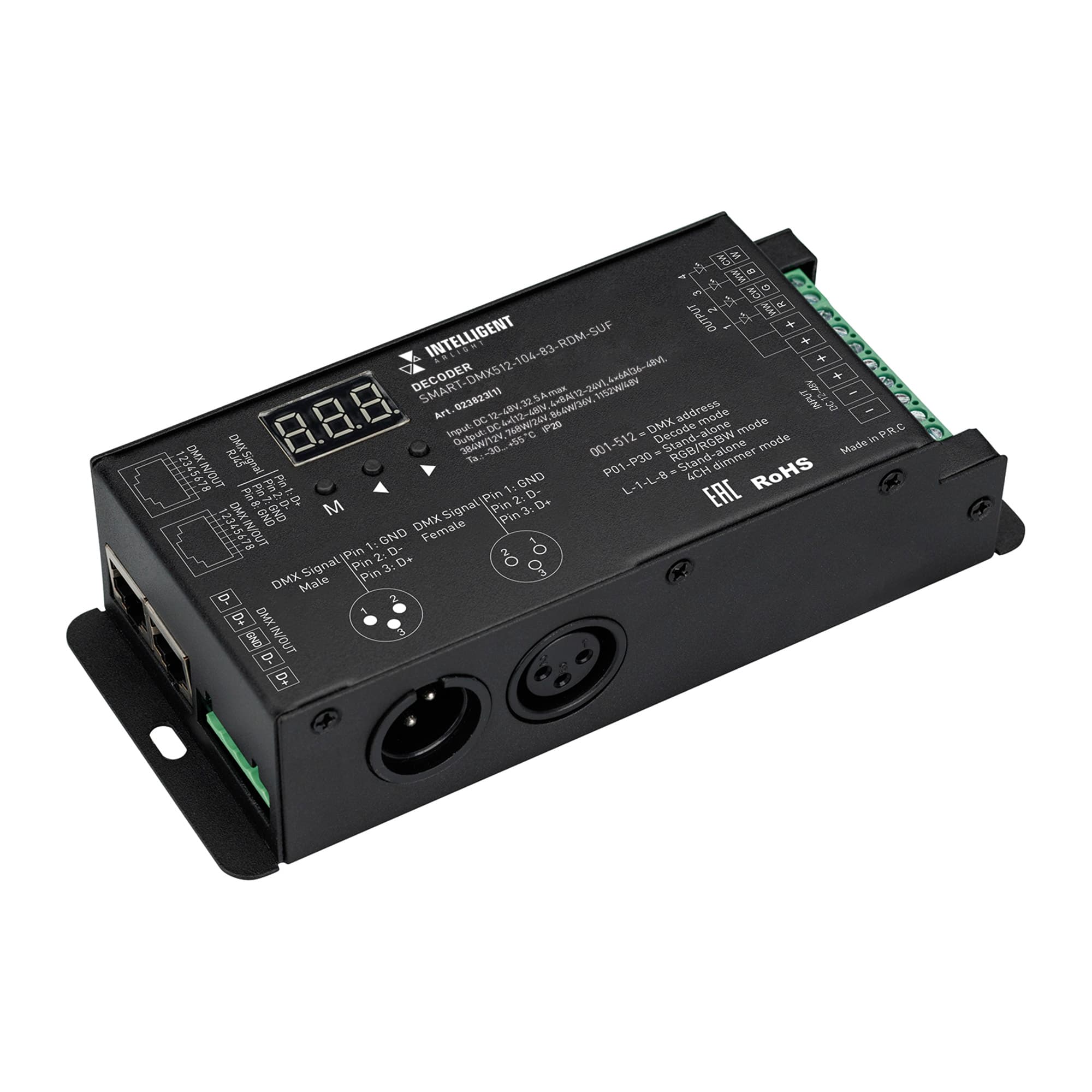 Декодер INTELLIGENT SMART-DMX512-104-83-RDM-SUF (12-48V, 4x8A, XLR3/RJ45) (IARL, IP20 Металл, 5 лет)