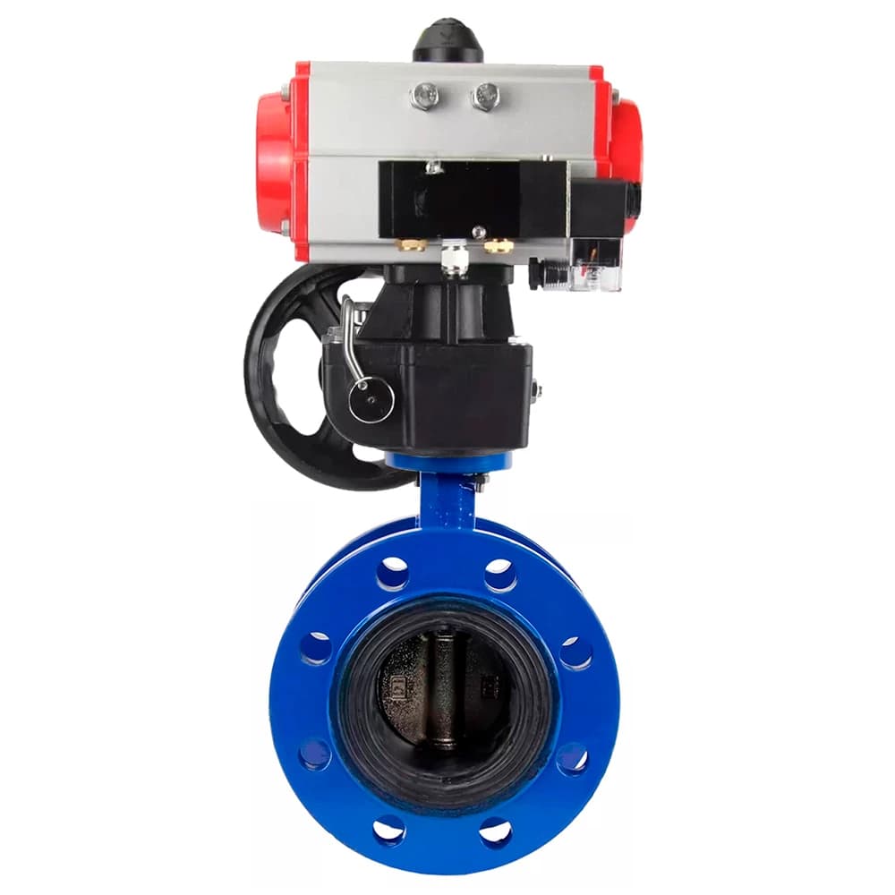 Затвор дисковый поворотный GGG40-304-EPDM-2W-F-H Ду65 Ру16 чугун GGG40, диск нержавеющая сталь 304, уплотнение EPDM, с пневмоприводом DA-105, пневмораспределителем PND2-S1EM-52-1NC-J08-220VAC и ручным дублером HDM-3