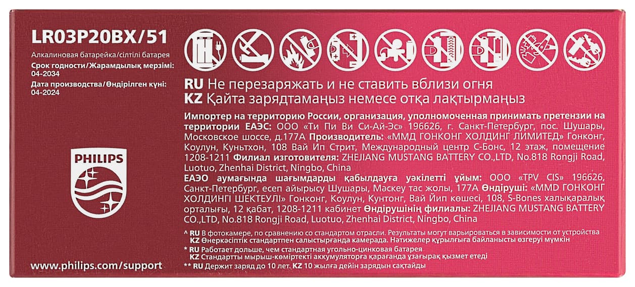 Элемент питания алкалиновый LR03P20BX/51 ААА 1,5v 20 шт. LR03-20BL Power