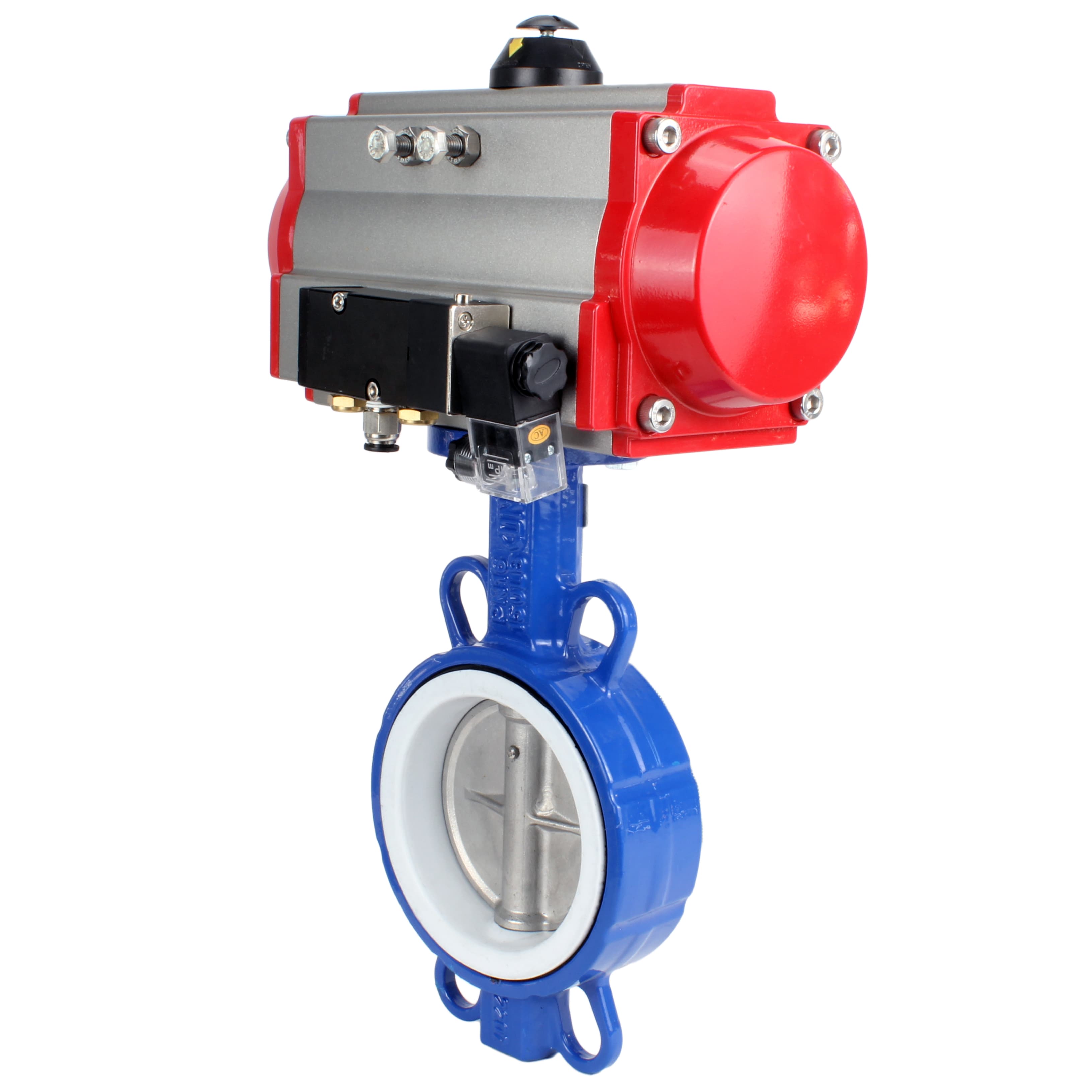 Затвор дисковый поворотный WCB-316L-PTFE Ду250 Ру16, корпус углеродистая сталь WCB, диск нержавеющая сталь 316L, уплотнение PTFE, с пневмоприводом DA-140 и пневмораспределителем PND2-S1EM-52-1NC-J08-24VDC