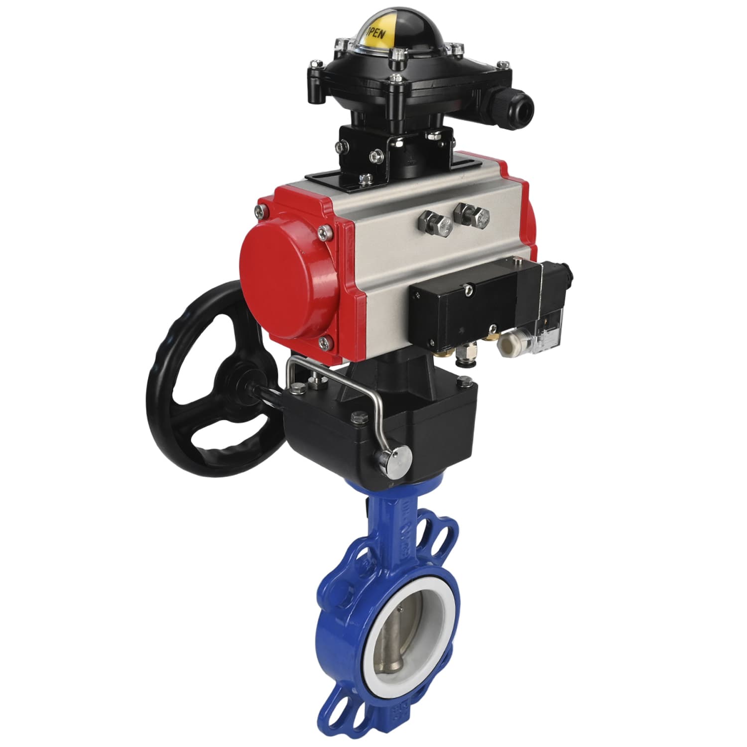 Затвор дисковый WCB-316L-PTFE Ду250 Ру16, корпус углеродистая сталь WCB, диск нержавеющая сталь 316L, уплотнение PTFE, пневмопривод DA-140, пневмораспределитель PND2-S1EM-52-1NC-J08-220VAC, БКВ LSB-210-02NM12-220/24, ручной дублёр HDM-4