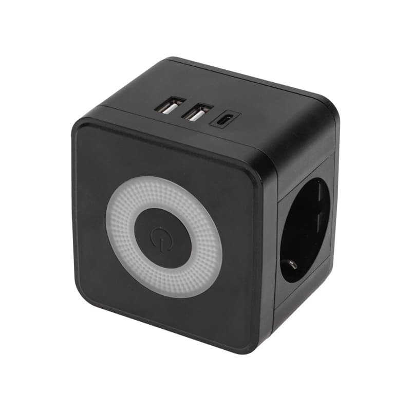 Разветвитель двойник электрический Куб 16А с/з + 2хUSB-A 2,4А + USB-C 3А с ночной подсветкой, черный