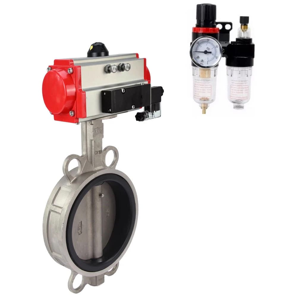 Затвор дисковый поворотный 316-316-VITON-2W-Fb Ду125 Ру16, корпус и диск нержавеющая сталь 316L, уплотнение VITON, с пневмоприводом DA-083, с пневмораспределителем PND1-S2EM-52-2-T08-220VAC, БПВ APU1-10-40-V08