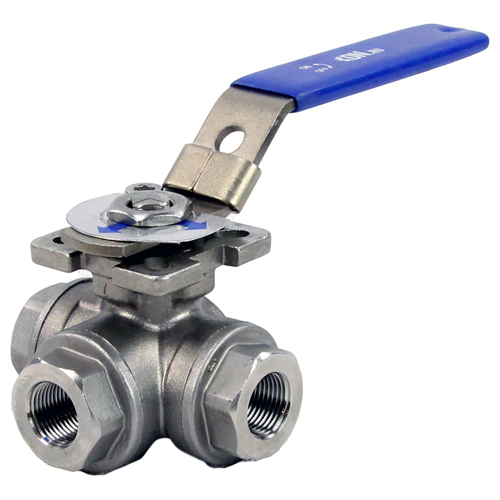Кран шаровой RP.SS316.200.MM.015-ISO 1/2'' Ду15 Ру63 стандартнопроходной трехходовой Т-тип, нержавеющая сталь SS316, внутренняя резьба, уплотнение PTFE, с ISO фланцем, рукоятка, 9х9, F03/F04