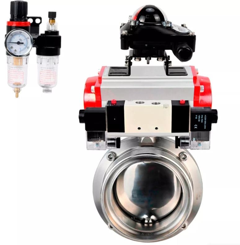 Затвор дисковый поворотный 304-304-Sil-2W-T-H Ду25 Ру10 пищевая нержавеющая сталь 304, уплотнение Silicon, с пневмоприводом DA-065, пневмораспределителем PND1-S2EM-52-2-T10-220VAC, БКВ LSB-210-02NM12-220/24 и БПВ APU1-10-40-V08