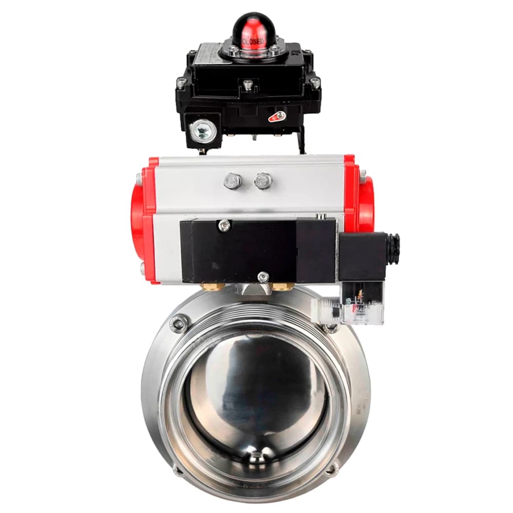 Затвор дисковый поворотный 304-304-Sil-2W-T-H Ду25 Ру10 резьбовой, пищевая нержавеющая сталь 304, уплотнение – Silicon, с пневмоприводом DA-052, пневмораспределителем PND2-S1EM-52-1NC-J08-24VDC и БКВ LSB-410-02ExM12-250