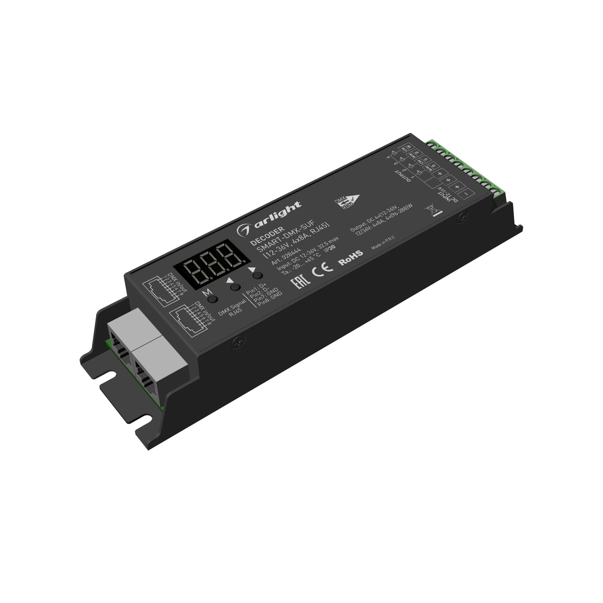 Декодер SMART-DMX-SUF 12-36V, 4x8A, RJ45, IP20, металл, 5 лет