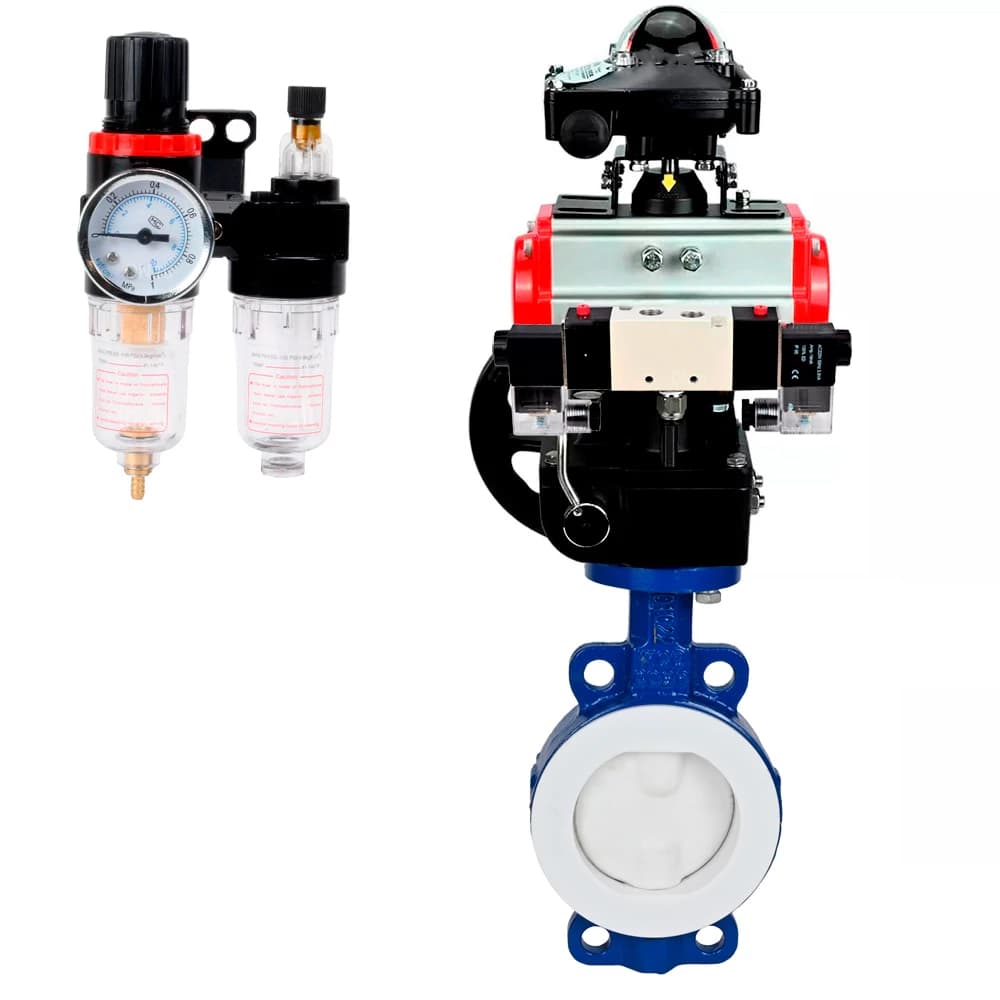 Затвор дисковый WCB-WCB-PTFE-PTFE-Fb-R Ду150 Ру16 корпус и диск углеродистая сталь, футерованный, уплотнение PTFE, пневмопривод DA-105, пневмораспределитель PND1-S2EM-52-2-T08-220VAC, БКВ LSB-210-02NM12-220/24, дублёр HDM-3 и БПВ APU1-10-40-V08