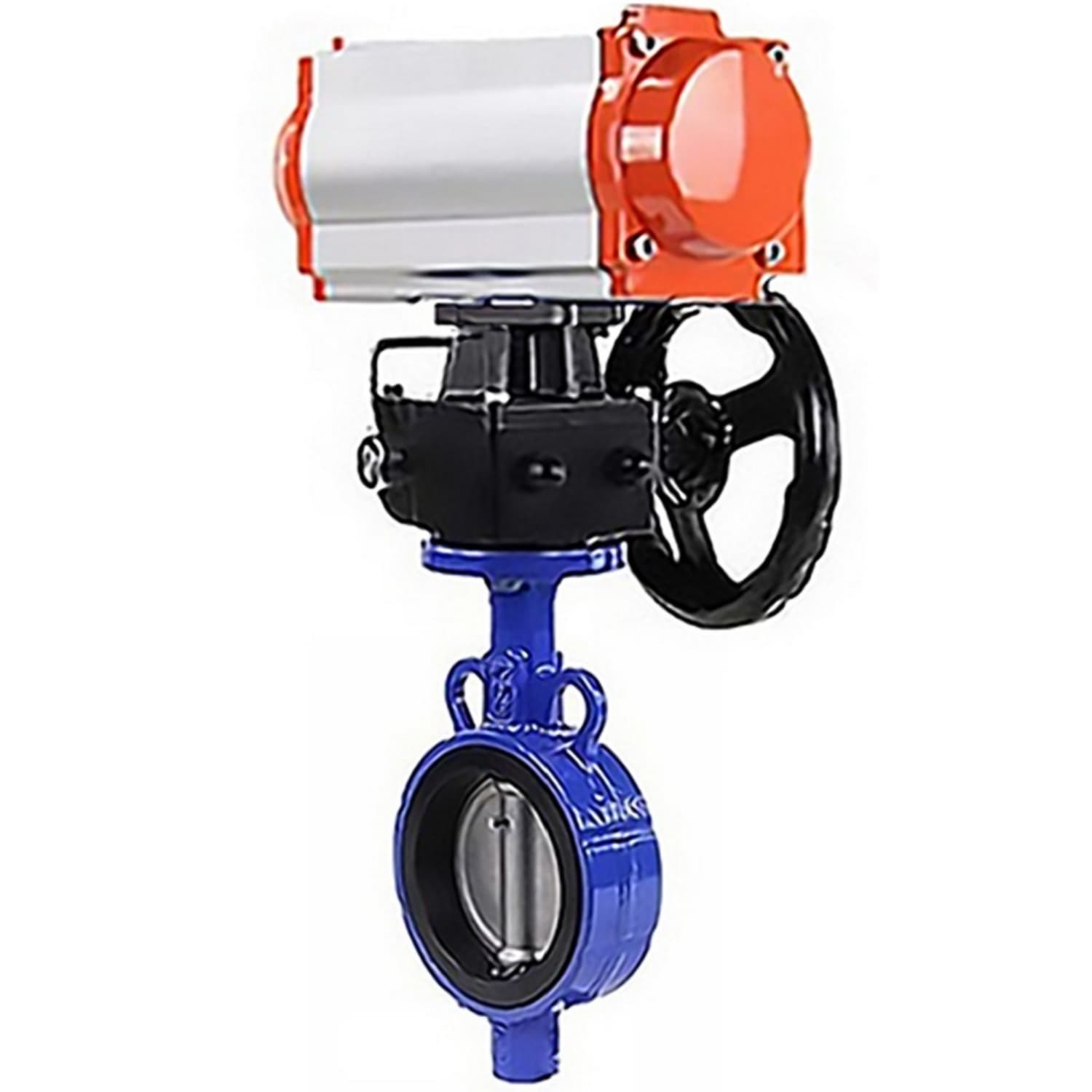 Затвор дисковый поворотный для абразивных сред QT450-316-EPDM-2W-Fb-H Ду125 Ру16, корпус чугун QT450, диск нержавеющая сталь 316L, EPDM, пневмоприводом DA-083 и ручным дублером HDM-2