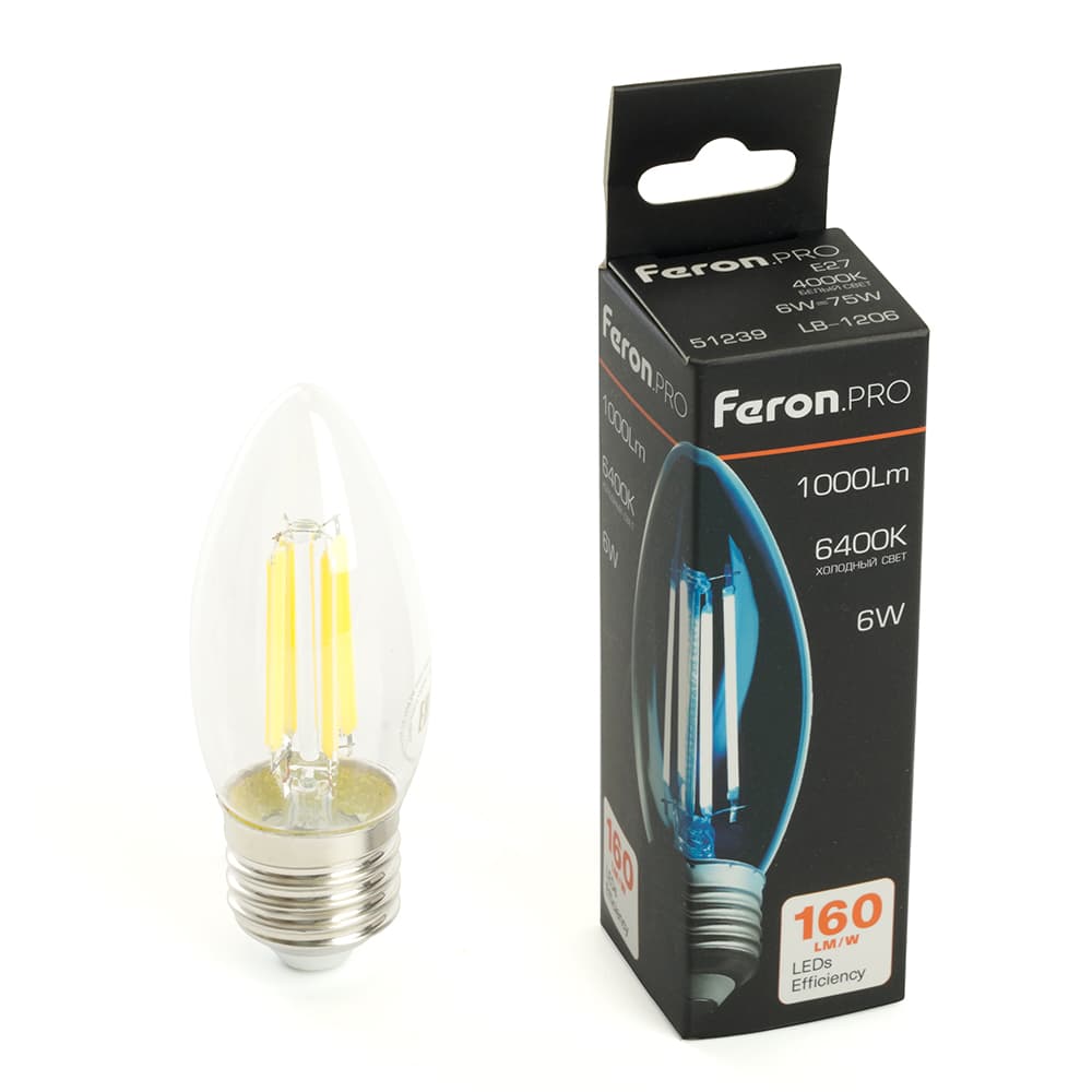Лампа светодиодная LED 6вт Е27 дневной свеча FILAMENT .PRO