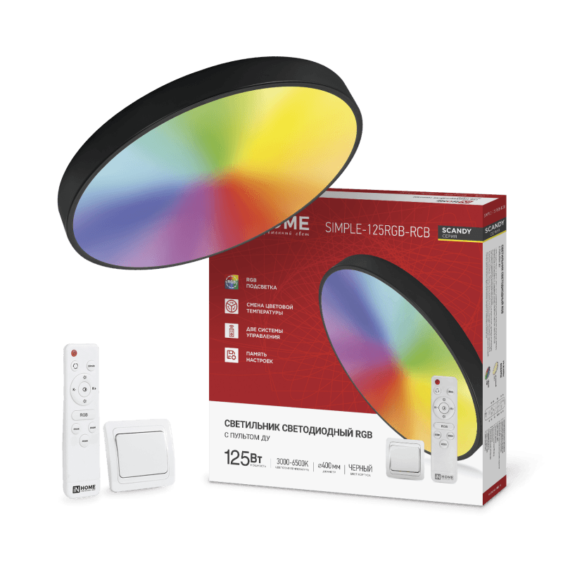 Светильник светодиодный SCANDY SIMPLE-125RGB-RCB 125Вт 230В 3000-6500K 10000Лм 400x50мм пульт ДУ черный IN HOME