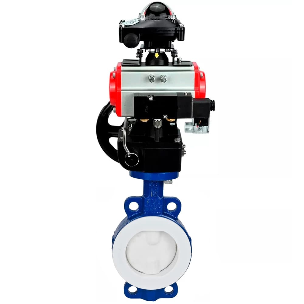 Затвор дисковый WCB-WCB-PTFE-PTFE-Fb-H Ду80 Ру16 корпус и диск углеродистая сталь WCB, футерованный PTFE, уплотнение PTFE, пневмопривод DA-083, пневмораспределителем PND2-S1EM-52-1NC-J08-24VDC, БКВ LSB-210-02NM12-220/24, ручной дублёр HDM-2