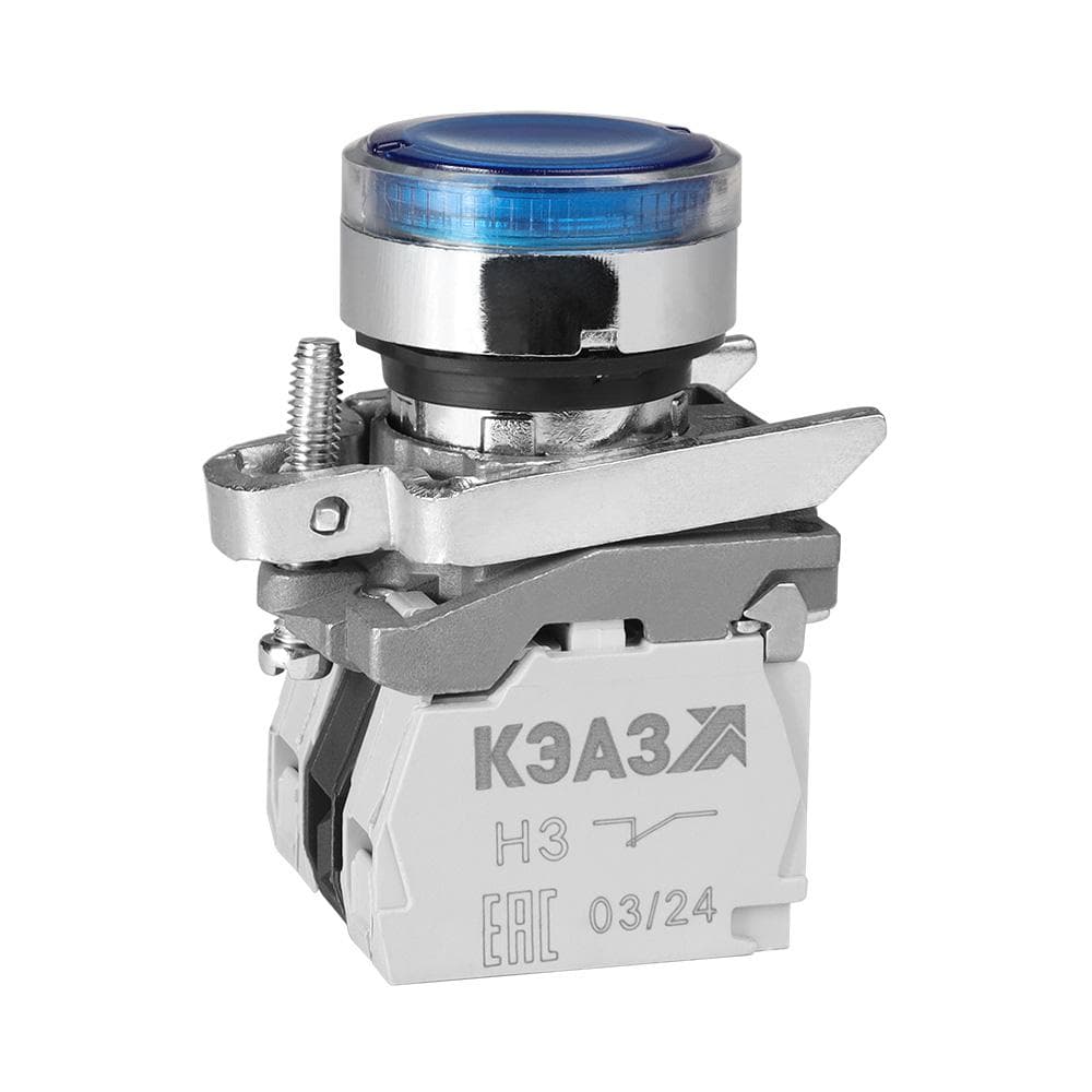 Кнопка КМЕ4122мЛС-220В-синий-2но+2нз-цилиндр-индикатор-IP40