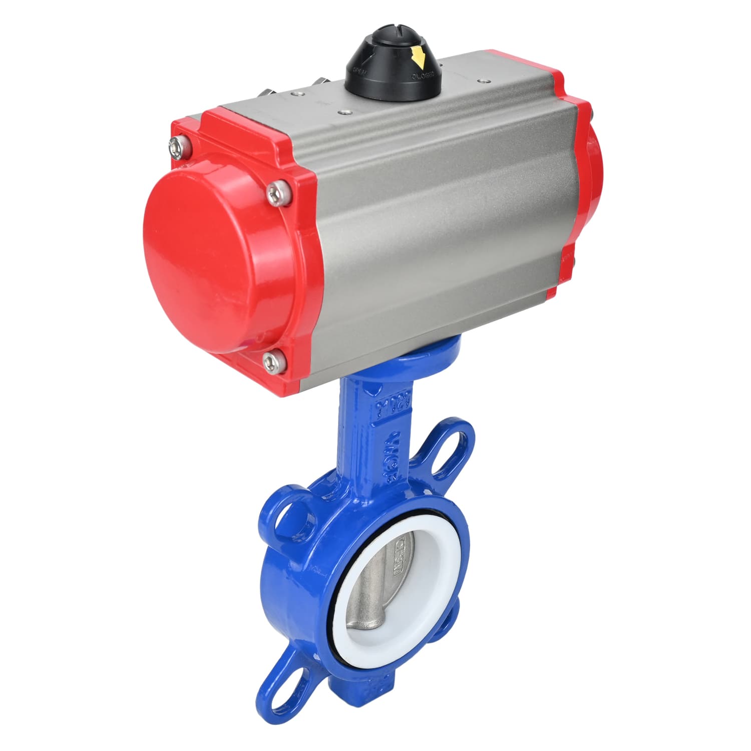 Затвор дисковый поворотный WCB-316L-PTFE Ду125 Ру16, корпус углеродистая сталь WCB, диск нержавеющая сталь 316L, уплотнение PTFE, с пневмоприводом PA-DA-105 двойного действия
