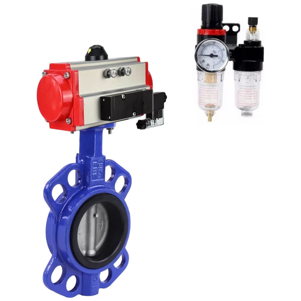 Затвор дисковый поворотный WCB-316-EPDM-2W-Fb Ду250 Ру16, корпус углеродистая сталь WCB, диск нержавеющая сталь 316L, уплотнение EPDM, с пневмоприводом SA-210, с пневмораспределителем PND1-S2EM-52-2-T08-220VAC, БПВ APU1-10-40-V08