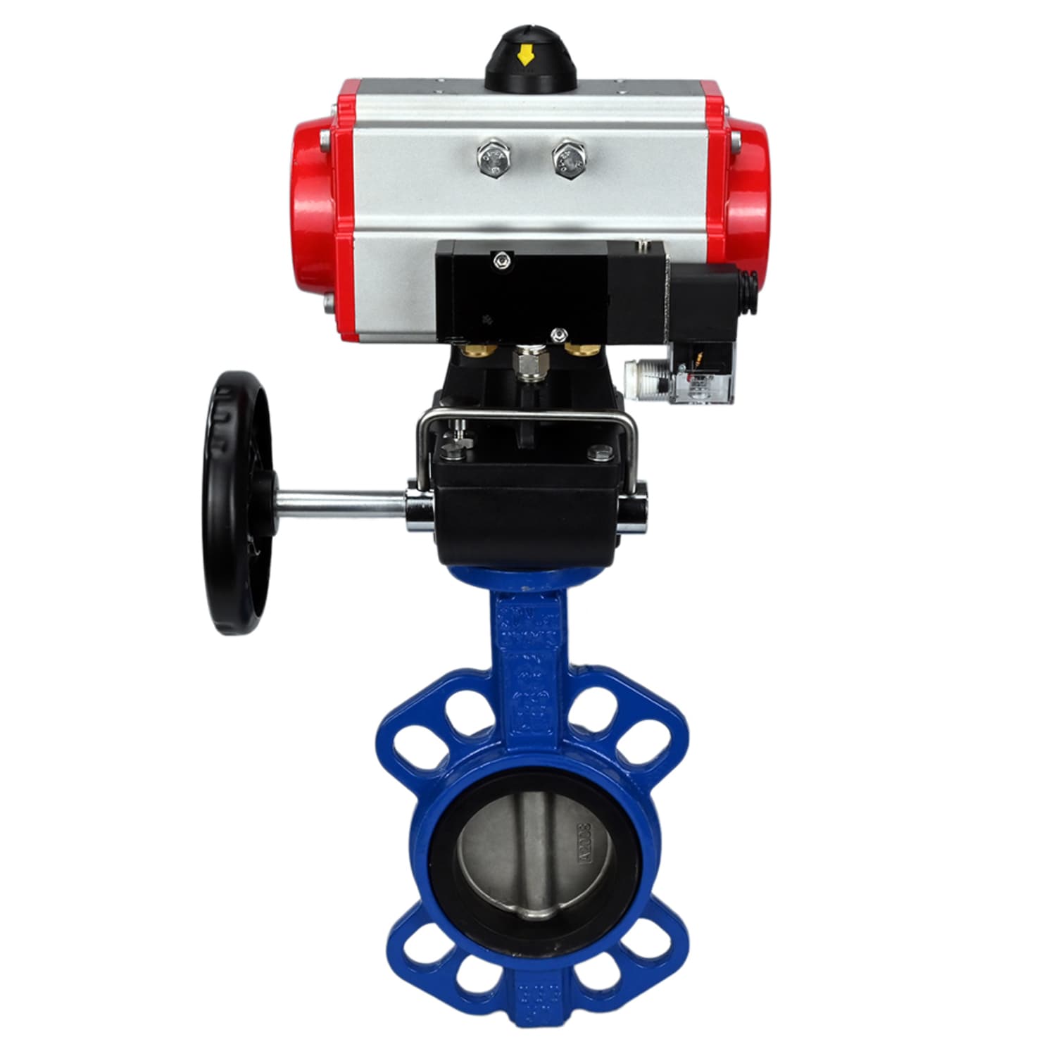 Затвор дисковый поворотный GGG50-316L-EPDM Ду100 Ру16, корпус чугун GGG50, диск нержавеющая сталь 316L, уплотнение EPDM, с пневмоприводом DA-083 двойного действия, с пневмораспределителем PND2-S1EM-52-1NC-J08-24VDC, с ручным дублером HDM-2
